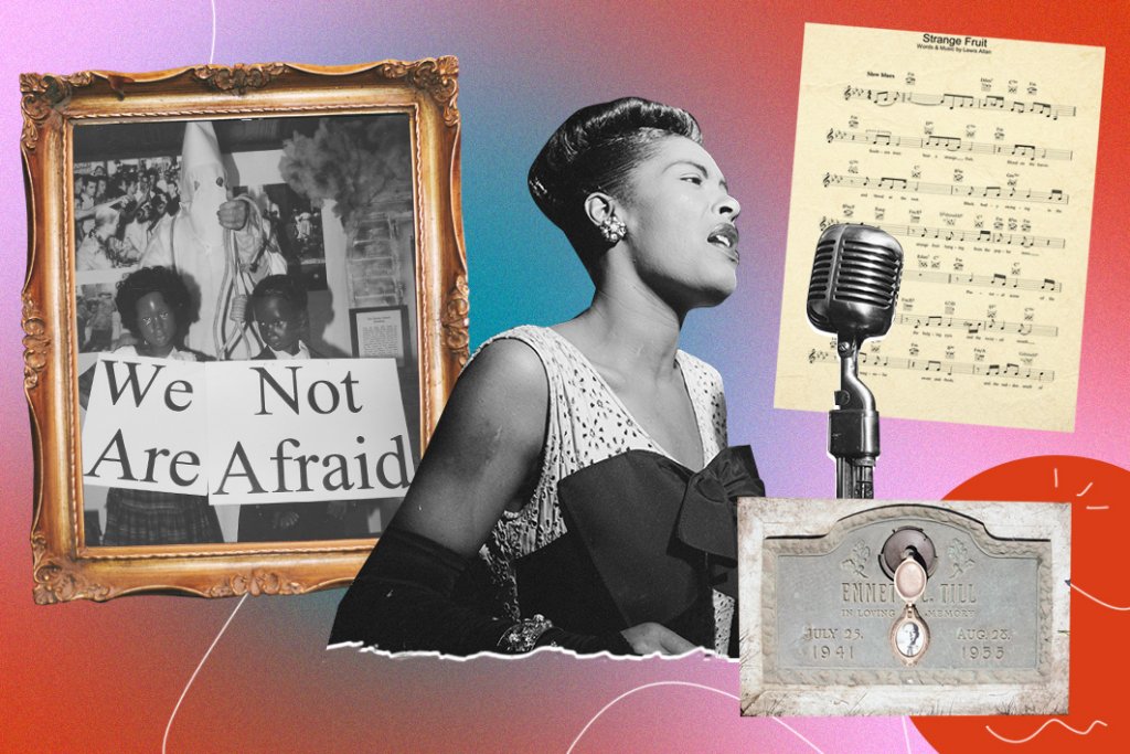 Montagem com as fotos de Billie Holiday e a partitura da música Strange Fruit