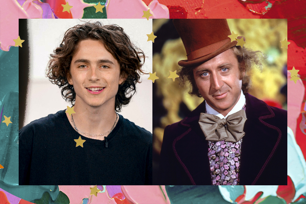 Montagem com foto de Timothée Chalamet com um leve sorriso ao lado de Gene Wilder interpretando Willy Wonka