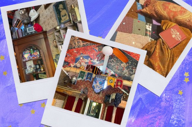 17 viagens que todo nerd vai querer fazer no pós-pandemia Montagem sobre fundo azul com fotos do quarto tematizado de Harry Potter