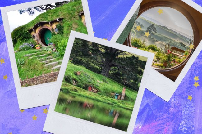 17 viagens que todo nerd vai querer fazer no pós-pandemia Montagem sobre fundo azul com fotos de Hobbiton