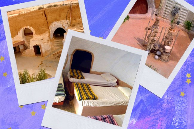 17 viagens que todo nerd vai querer fazer no pós-pandemia Montagem sobre fundo azul com fotos do Hotel Sidi Driss