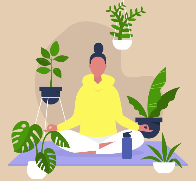 meditação Personagem feminina aparece sentada com as pernas cruzadas em tapete de yoga, usando moletom amarelo e calça azul, com um coque no cabelo. Ao seu redor estão quatro plantas.