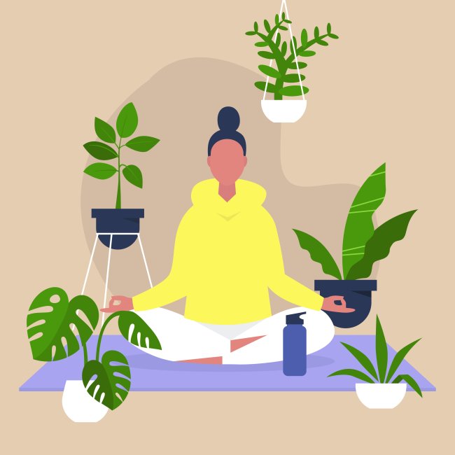 meditação Personagem feminina aparece sentada com as pernas cruzadas em tapete de yoga, usando moletom amarelo e calça azul, com um coque no cabelo. Ao seu redor estão quatro plantas.