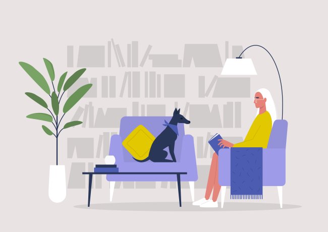livros Ilustração mostra jovem mulher lendo um livro em sua biblioteca, usando uma camiseta amarela, e sentada em uma poltrona azul. Ao lado, está seu cachorro, em outra poltrona.