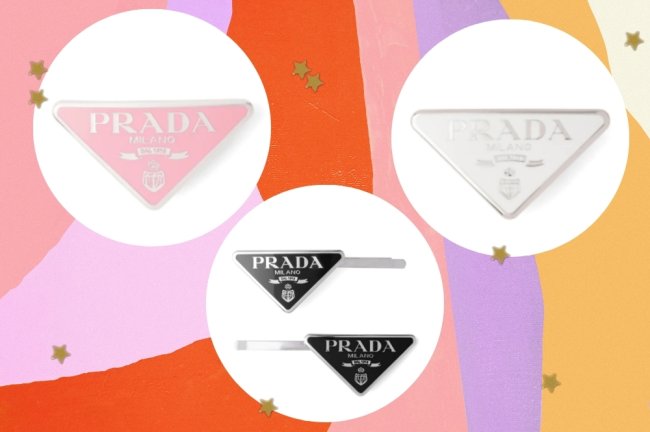 Presilha prada Montagem com os modelos de presilha da grife Prada, nas cores preto, branco e rosa.