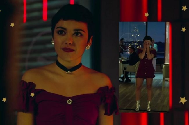 Vestido Roxo Ari Foto com montagem, mostrando a personagem Ari com um vestido roxo e chocker. Ela está com uma expressão séria.