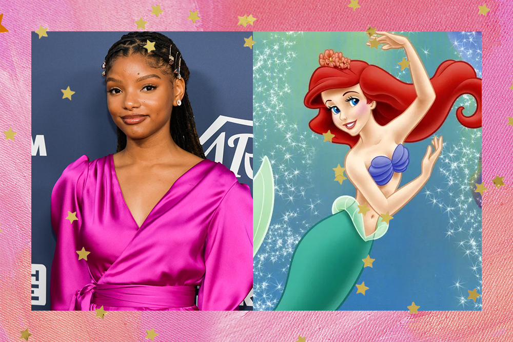 Montagem com imagem de Halle Bailey na esquerda vestindo um vestido rosa. Na direita imagem do desenho "A Pequena Sereia", com Ariel no fundo do mar com as mãos para cima