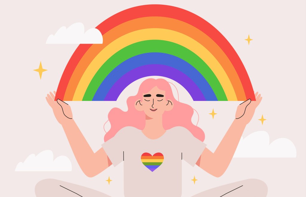 Ilustração de uma pessoa de longos cabelos rosa celebrando o arco-íris no mês do orgulho LGBTQIA+