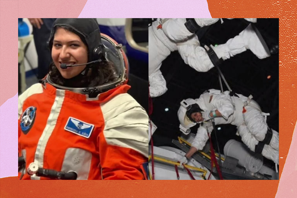 Duas imagens da jovem brasileira Andressa Costa. Na primeira, ela aparece usando um traje espacial vermelho. Na segunda, usa um traje branco e está em um simulador com outro estudante.