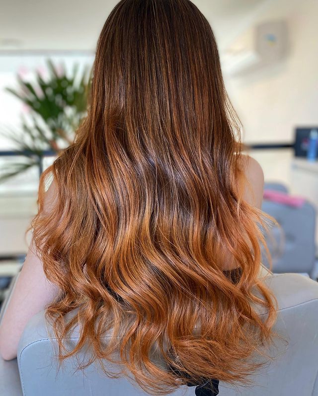 cabelo com smoky hair Jovem de costas exibindo seu cabelo com tons de castanho, ainda na imagem podemos ver uma planta verde.