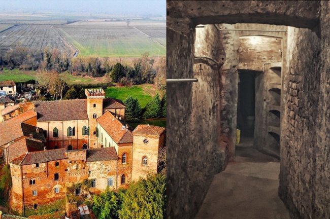 Vista aérea do Castello Sannazzaro, localizado numa zona rural, e de uma passagem secreta dentro dele