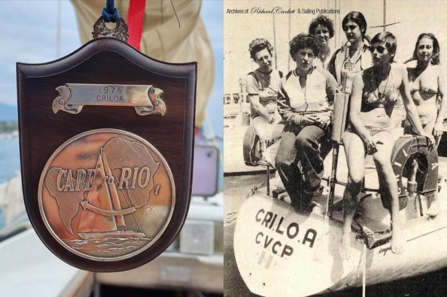 Medalha da competição Cape2Rio e barco tripulado por mulheres italianas, nos anos 70