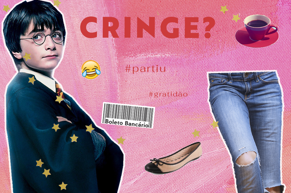 Colagem com imagens de café, calça jeans, boleto, hashtags e Harry Potter, coisas consideradas cringes por alguns jovens da geração Z