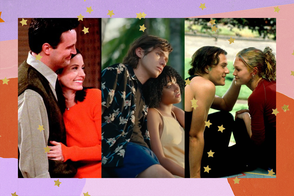 Montagem com Chandler e Mônica de "Friends" abraçados, o casal do filme "Tudo e Todas as Coisas" abraçados, o casal do filme "10 coisas que odeio em você" se olhando