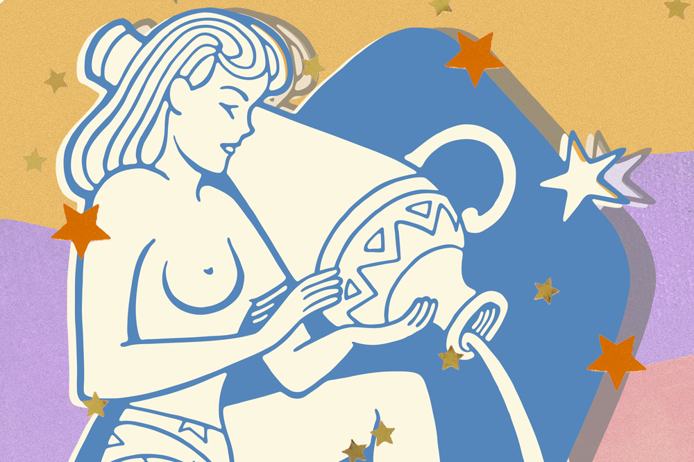 Ilustração do Signo de Aquário; uma mulher despeja um jarro de água