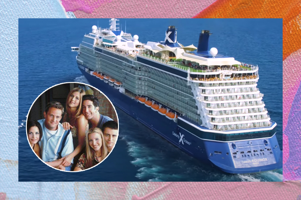 Imagem de um cruzeiro em alto mar com uma foto do elenco de Friends ao lado