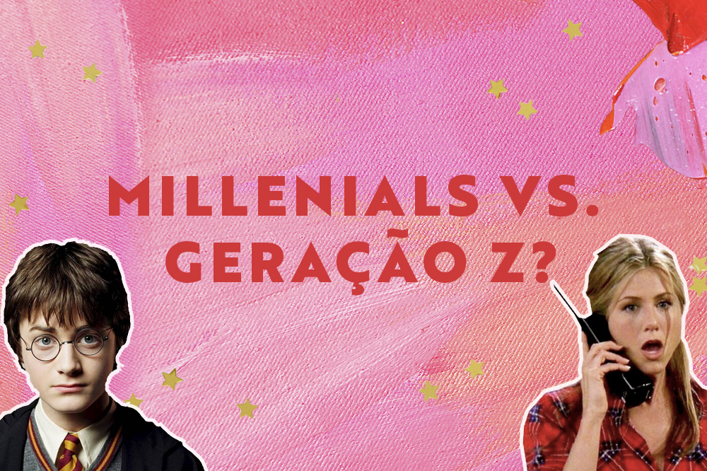 Colagem com fundo rosa, estrelas, imagem de Harry Potter, Rachel de Friends, e texto "Millenials vs. Geração Z?" em vermelho.