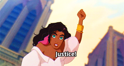 Esmeralda, de O Corcunda de Notre Dama, gritando por justiça