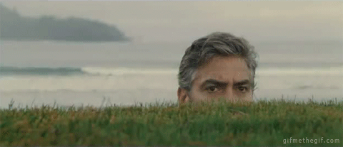 George Clooney durante filme, se escondendo atrás de uma moita enquanto vigia uma pessoa