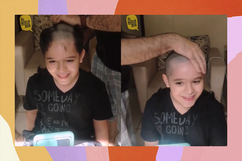 Criança raspando o cabelo em chamada de vídeo em solidariedade ao amigo com câncer