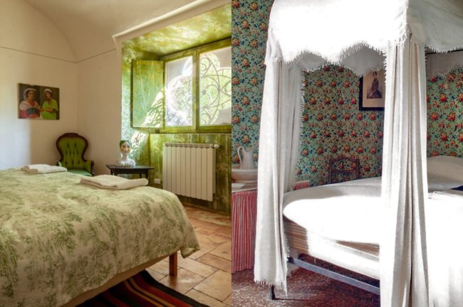 Italiana compartilha diário no TikTok mostrando como é morar em um castelo Fotos dos quarto no Castelo Sannazzaro. Um é verde e outro tem um mosquiteiro branco.