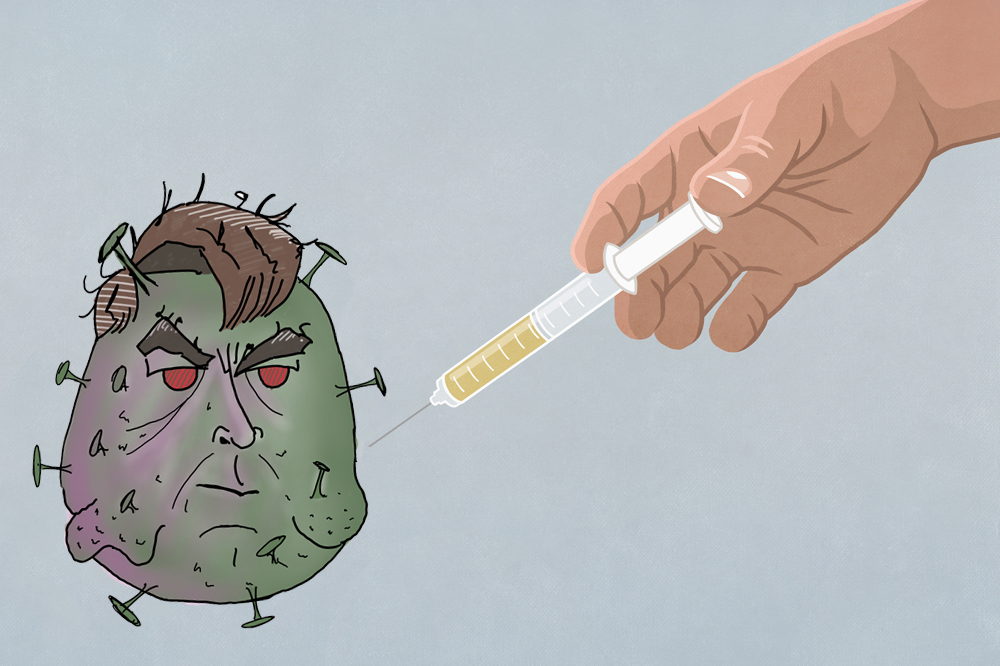 Ilustração de uma mão aplicando uma vacina no vírus da Covid, que, na verdade, é uma caricatura de Jair Bolsonaro