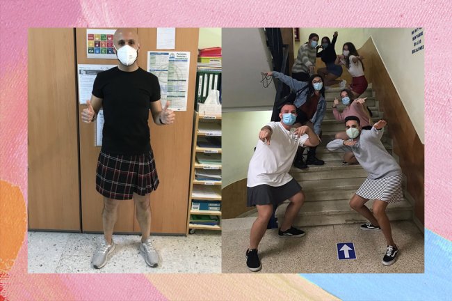 Professores vão trabalhar de saia para protestar contra expulsão de aluno Professores vestindo minissaia na escola em protesto contra aluno que sofria bullying por causa das peças de roupa que usava