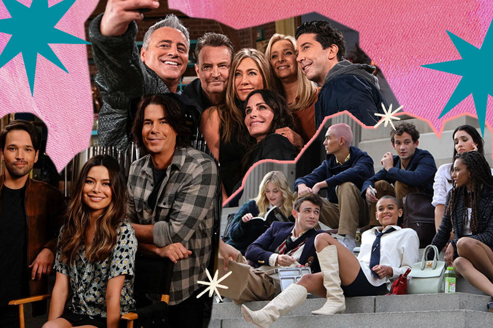 Colagem com o elenco da série iCarly no canto interior esquerdo, na direita o elenco da nova versão de Gossip Girl e ao fundo o elenco da série Friends