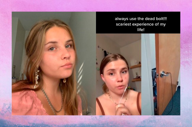 Colagem com duas imagens. Na primeira, uma foto de perfil de Josie Bowers usando uma blusa rosa. Na segunda, print do vídeo que Josie postou no TikTok.