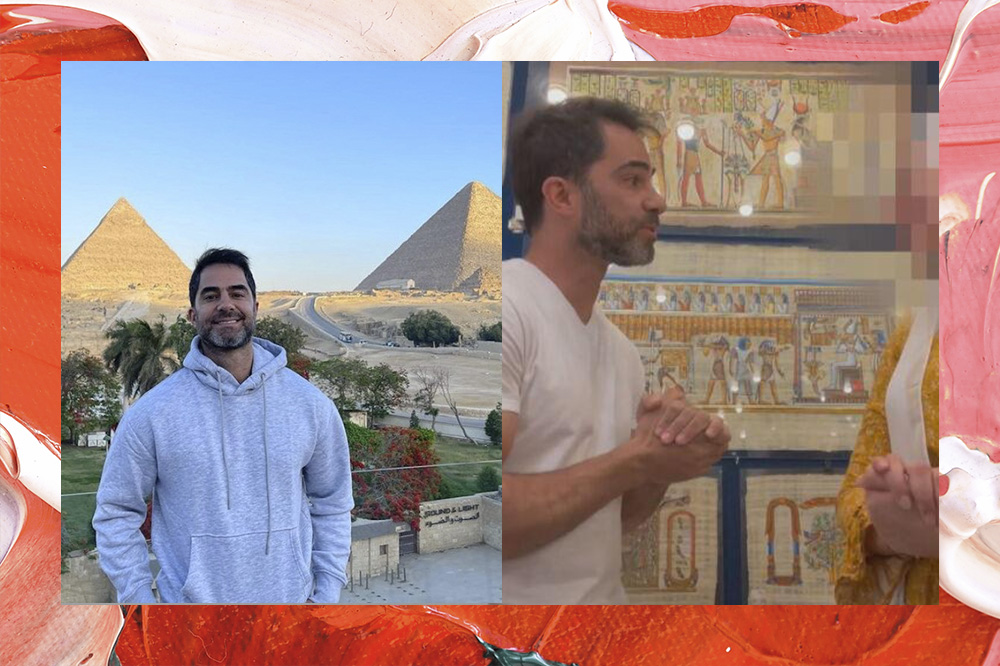Na colagem aparecem duas imagens de Victor Sorrentino. Na primeira, o médico usa moletom cinza e aparece sorrindo na frente de pirâmides, no Egito. Na segunda, pede desculpas para vendedora egípcia