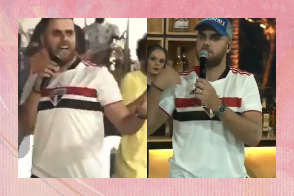 Zé Neto vestindo a camisa do São Paulo em live e tendo comportamentos homofóbicos