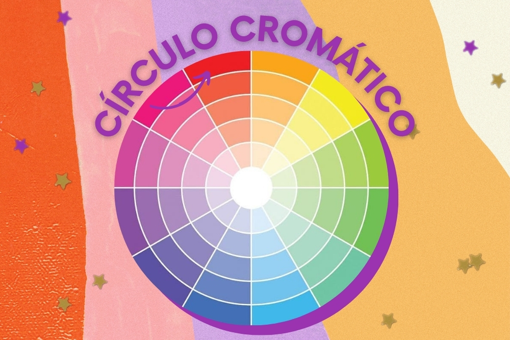 Montagem com fundo amarelo, bege, lilás e salmão com imagem do círculo cromático.