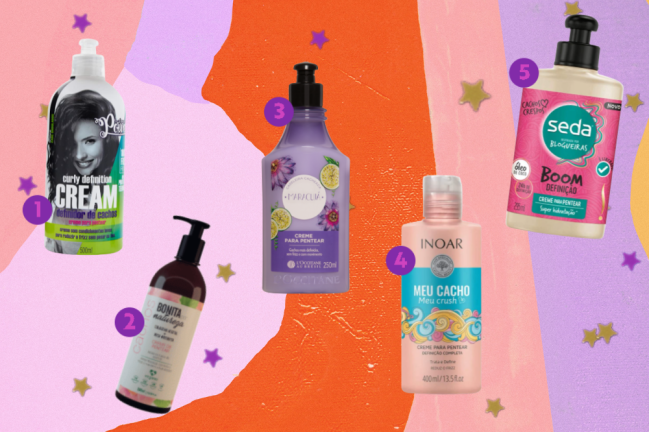 Montagem com opções de produtos para cabelo cacheado. Os produtos estão em um fundo com um mix de cores, entre elas as cores: laranja, rosa, salmão e lilás. E estrelas douradas.