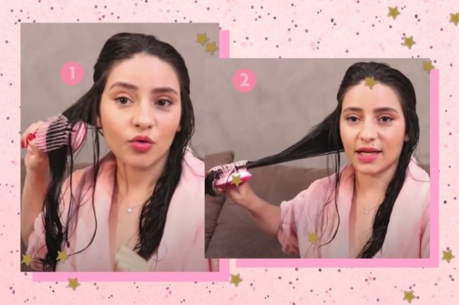 Dois prints de vídeo do youtube com uma jovem passando escova em seu cabelo molhado. Ela usa roupão rosa e sua expressão é séria.