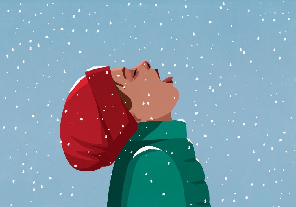 Ilustração de uma jovem usando gorro de lã vermelho, feliz da vida, enquanto come flocos de neve
