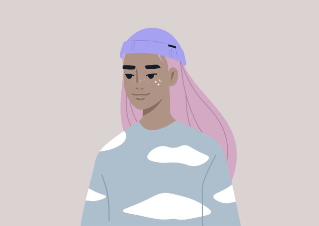 Geração Z A ilustração mostra uma jovem, de cabelo rosa e toca lilás, usando um moletom azul com desenhos em formato de nuvem