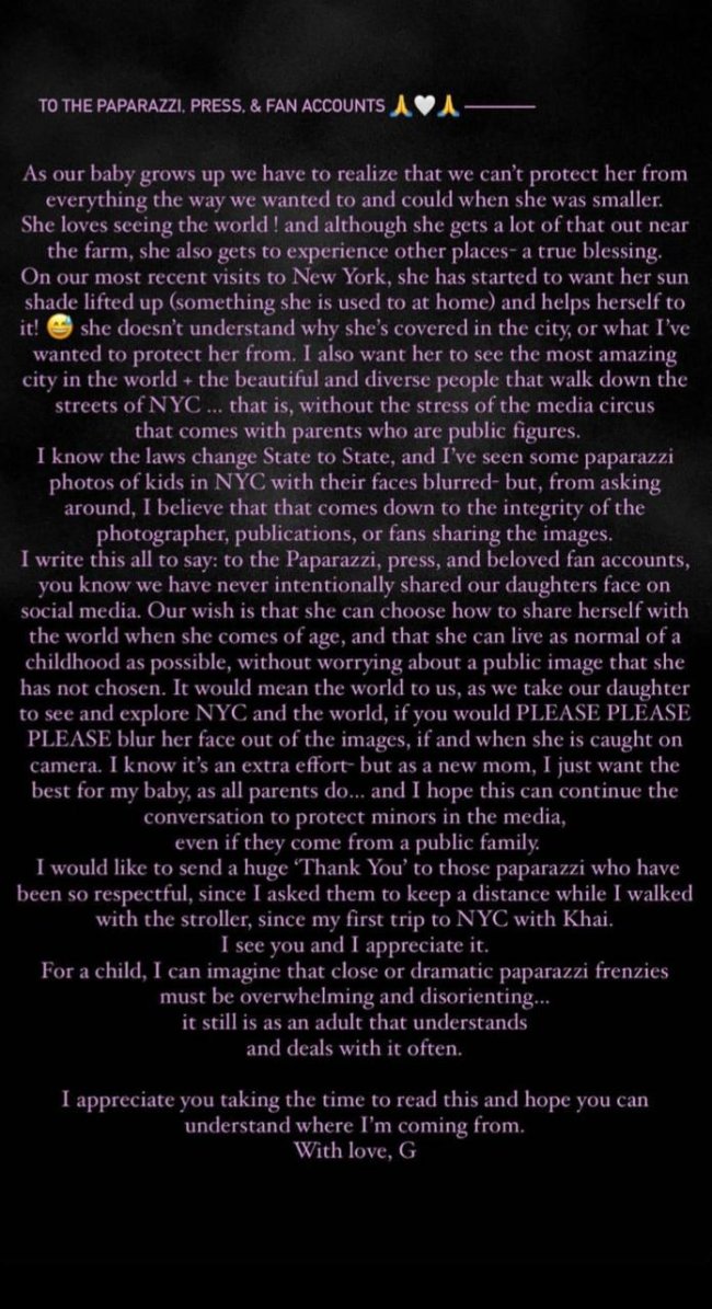 Print do Story no Instagram de Gigi Hadid, com a carta para os fãs, paparazzi e imprensa.