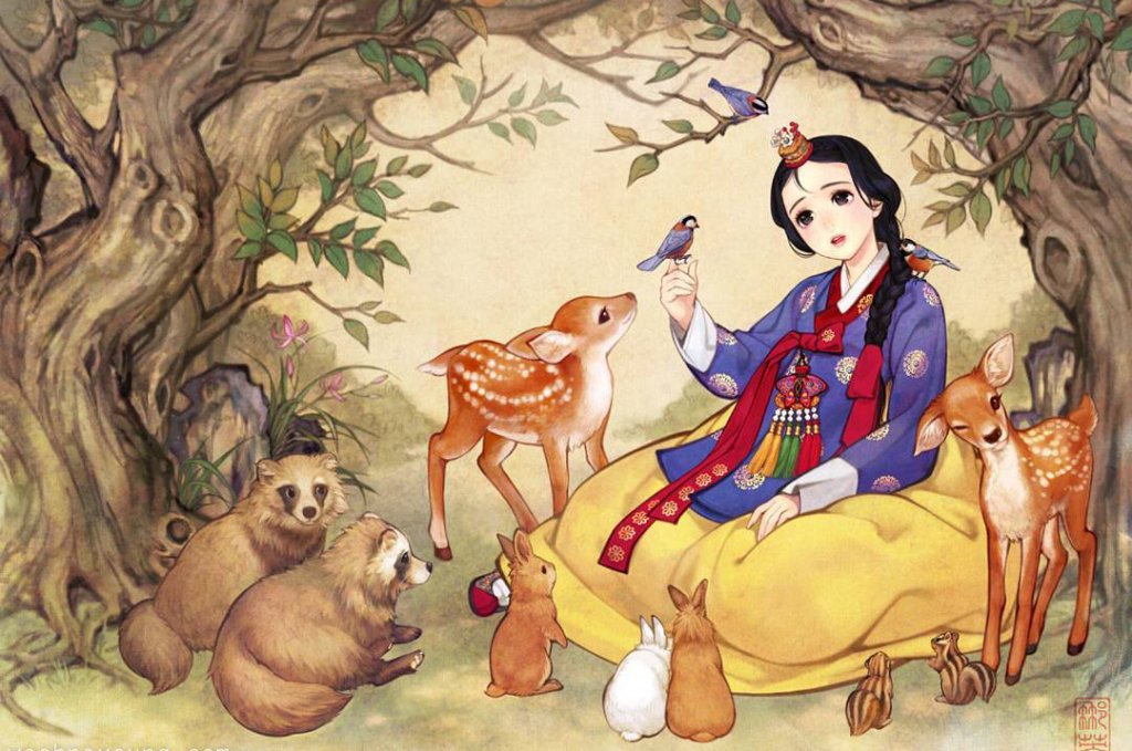 Branca de Neve em ilustração da artista Woo-NaYoung; ela está rodeada por bichos da floresta e um pássaro está pousando em sua mão