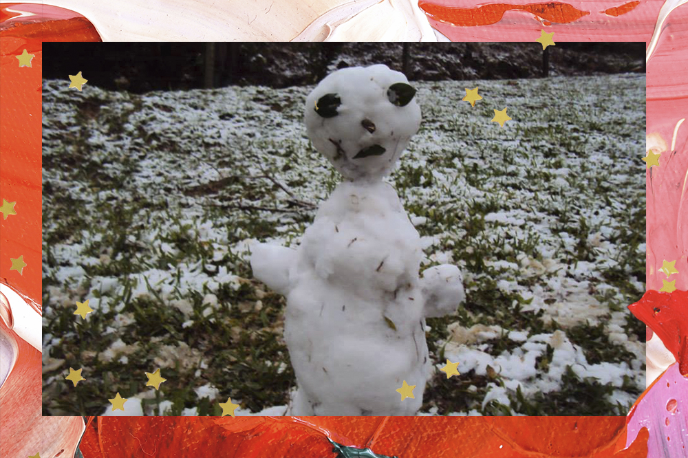 Colagem com imagem de boneco de neve feito durante o inverno no sul do Brasil