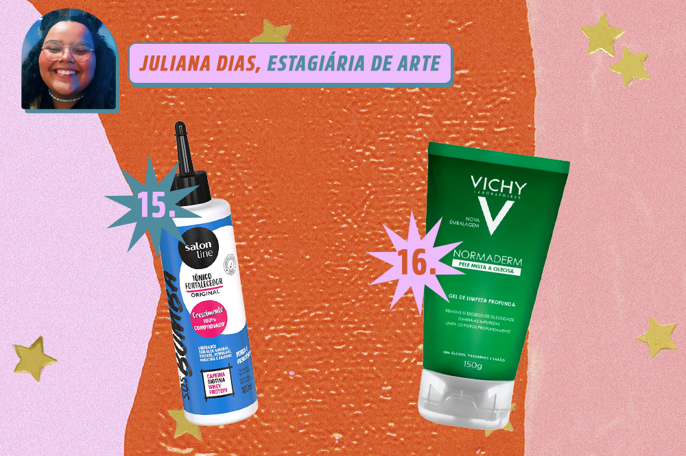 Montagem com dois produtos de beleza, um creme para o cabelo e um sabonete facial. Indicações de Juliana Dias, estagiária de arte da CAPRICHO. O fundo é laranja, rosa e lilás com estrelas douradas.