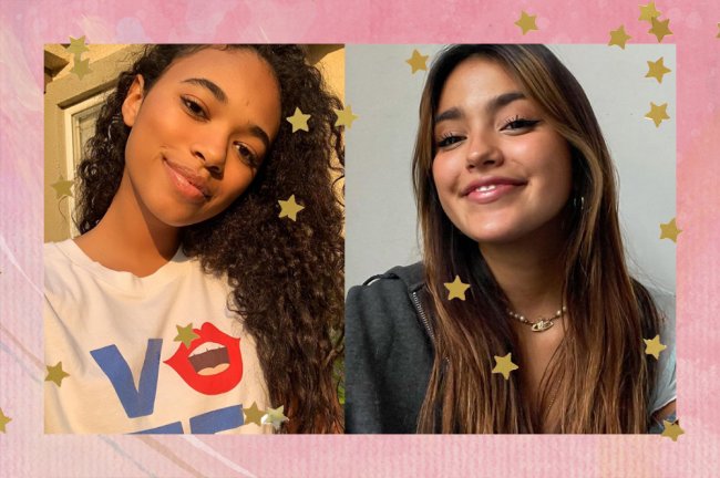 chandler kinney e maia reficco reboot pretty little liars Montagem com duas fotos; na primeira uma selfie de Chandler Kinney sorrindo levemente com uma camiseta escrito