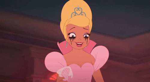 Gif de uma cena do filme A Princesa e o Sapo da personagem Charlotte limpando as lágrimas e se maquiando.