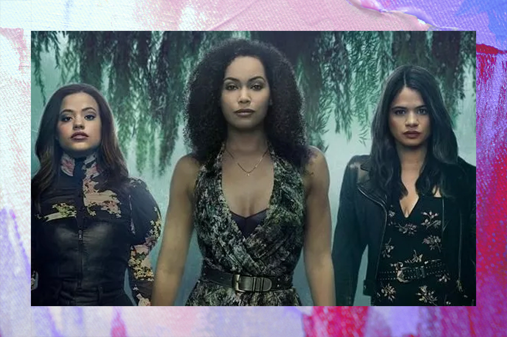 Imagem promocional de Charmed: Nova Geração com as três protagonistas em pôster; elas estão com expressões sérias com uma paisagem verde e escura de fundo; a margem é uma textura em tons de rosa, roxo e azul