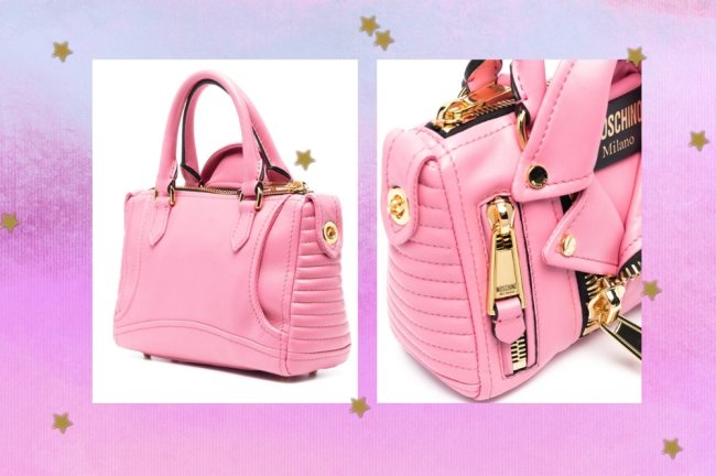 Fundo rosa com degrade em roxo, e várias imagens de bolsas da marca Moschino.