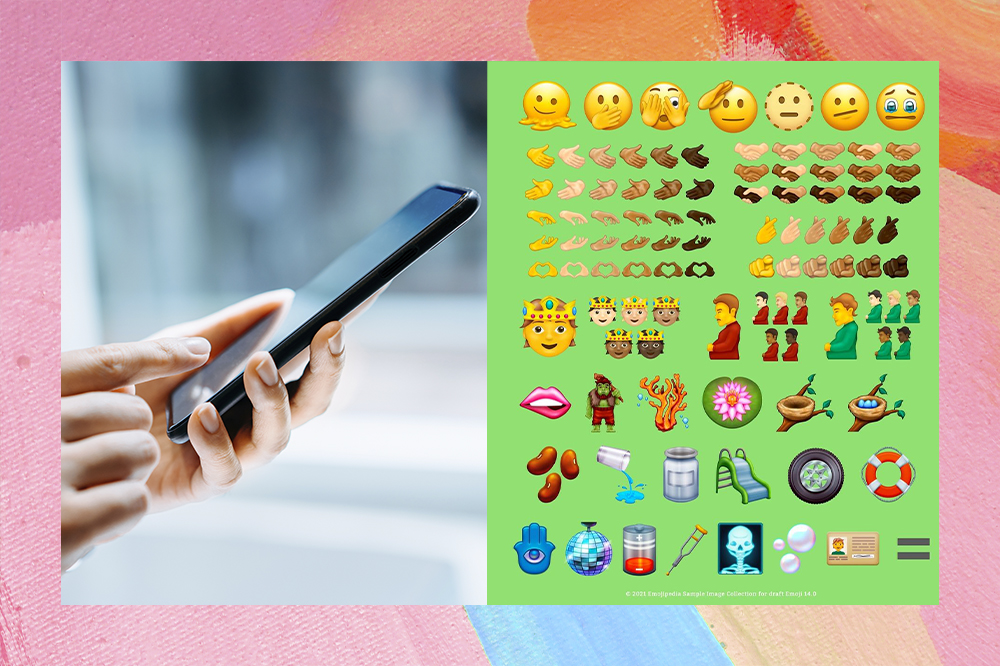 Colagem com foto de uma mão segurando um celular e imagem de novos emojis
