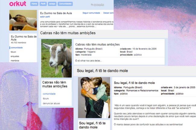 Fotos de várias comunidades antigas do Orkut com temas aleatórios, do tipo: "Cabras não têm muitas ambições"