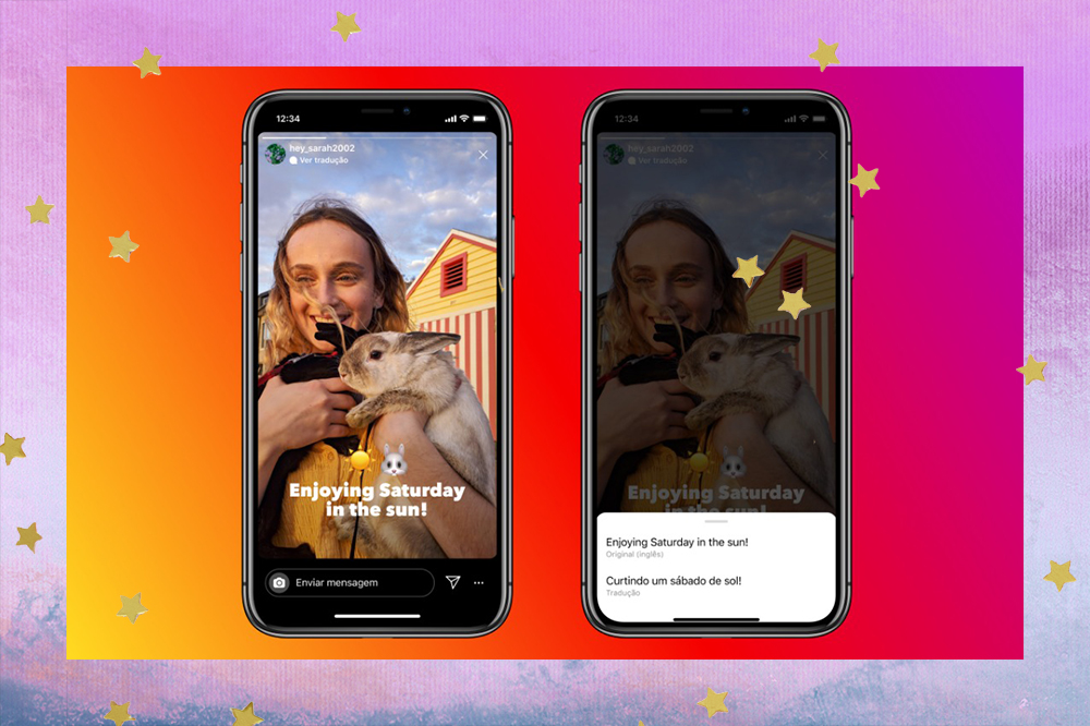 A colagem mostra duas telas do Instragram com o novo recurso que possibilita traduzir os stories