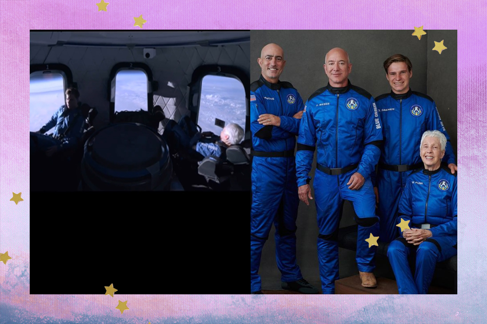 Colagem com duas imagens. Na primeira, imagem interna da cápsula da Blue Origin. Na segunda, tripulação do voo