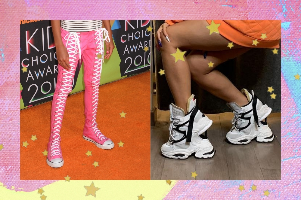 Montagem da foto de dois tênis com o fundo rosa e amarelo com detalhes de estrelinhas douradas. O tênis da esquerda é o tênis calça All Star. O da direita é o Giant Heeled Ankle Boot, tênis bota de salto.