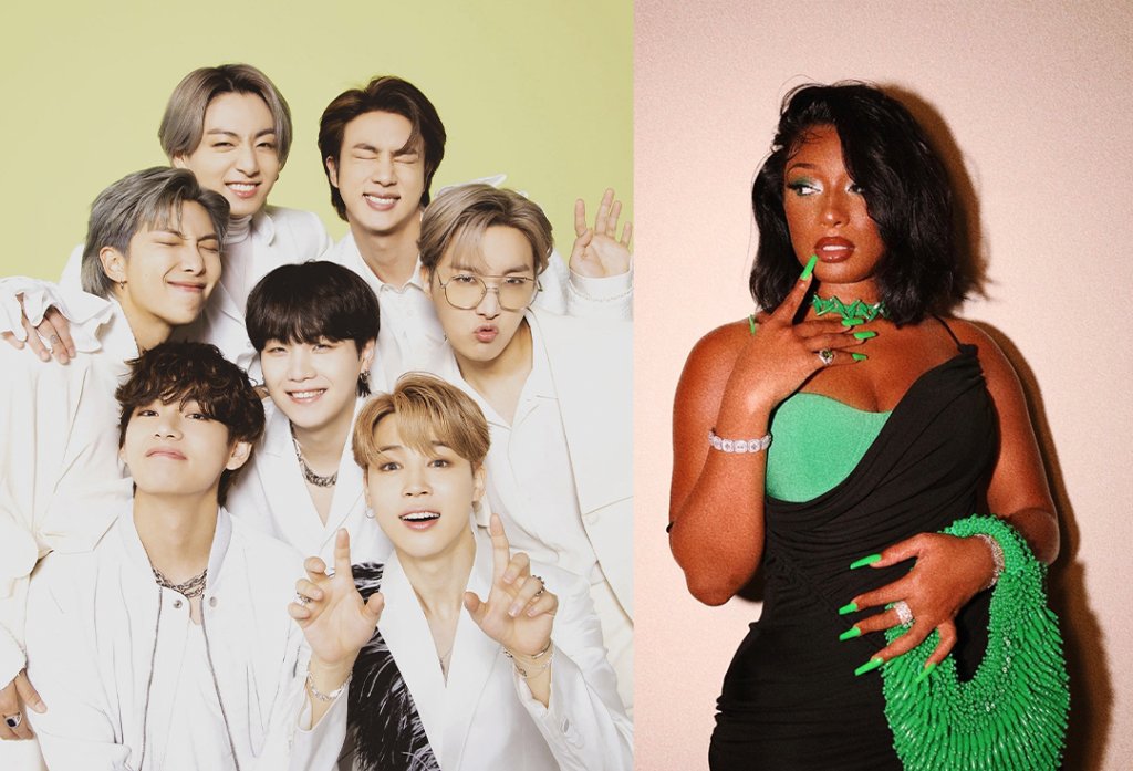 Montagem com duas fotos; na primeira os membros do BTS posando com roupas brancas em um fundo verde claro, eles tem expressões divertidas com risadas e caretas; na segunda Megan Thee Stallion posando em um fundo rosa com vestido preto e verde, ela está com expressão pensativa e olhando para cima com o dedo indicador encostado no queixo